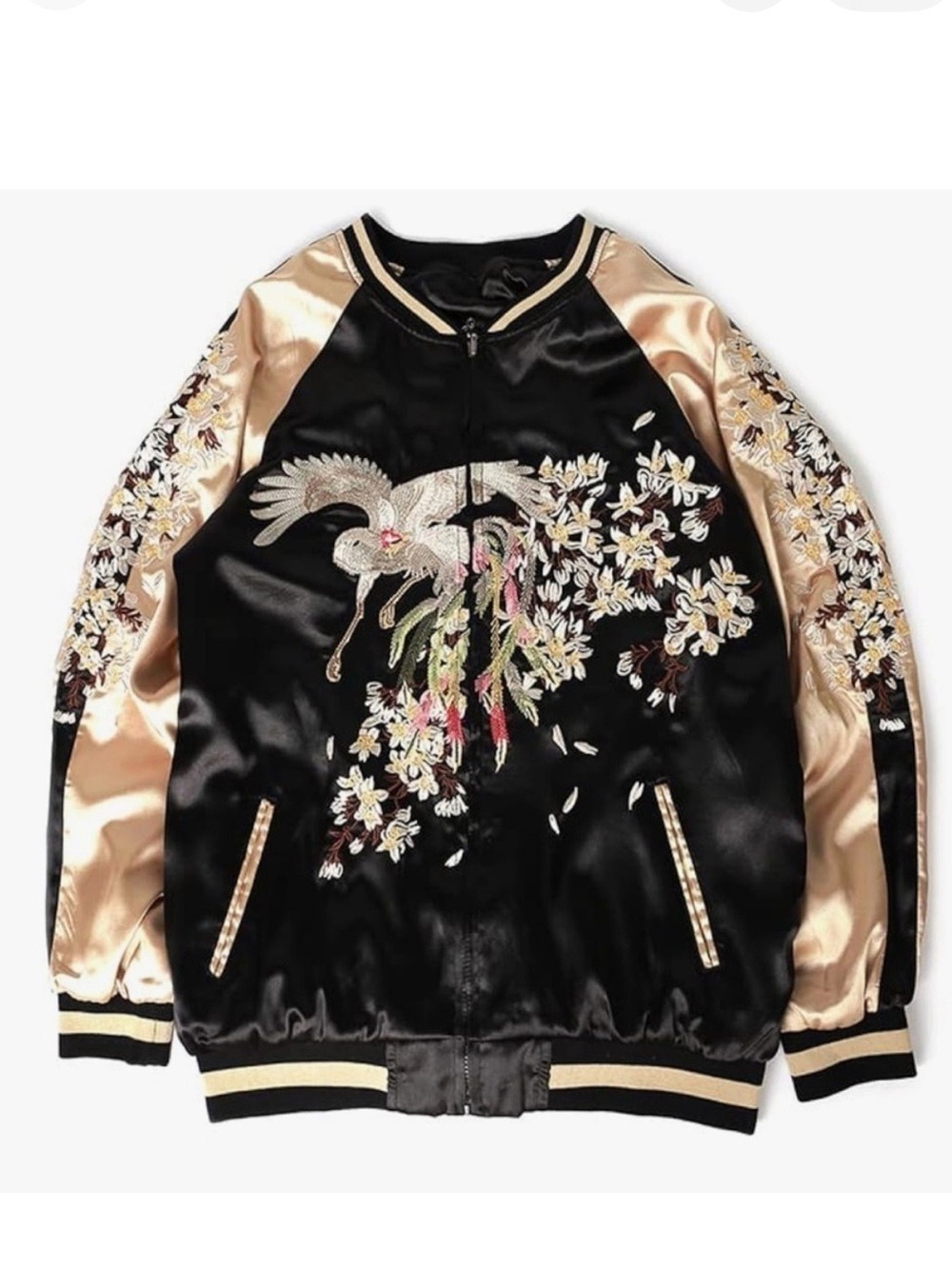 Asian Sukajan Jacket Black Gold Satin Embroidery Phoenix Cherry Blossoms EC